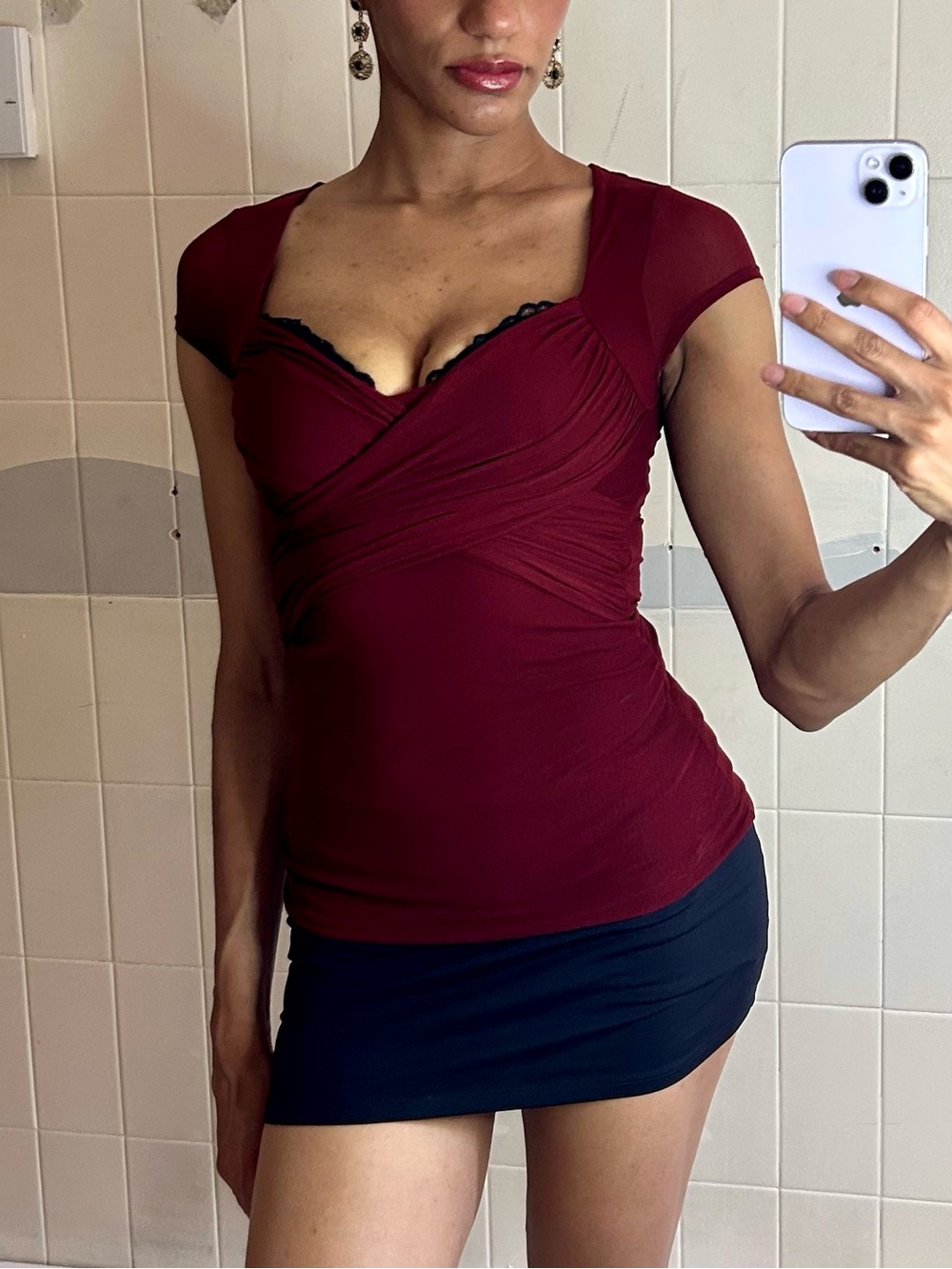 Burgundy Crossover Cap Sleeve Top